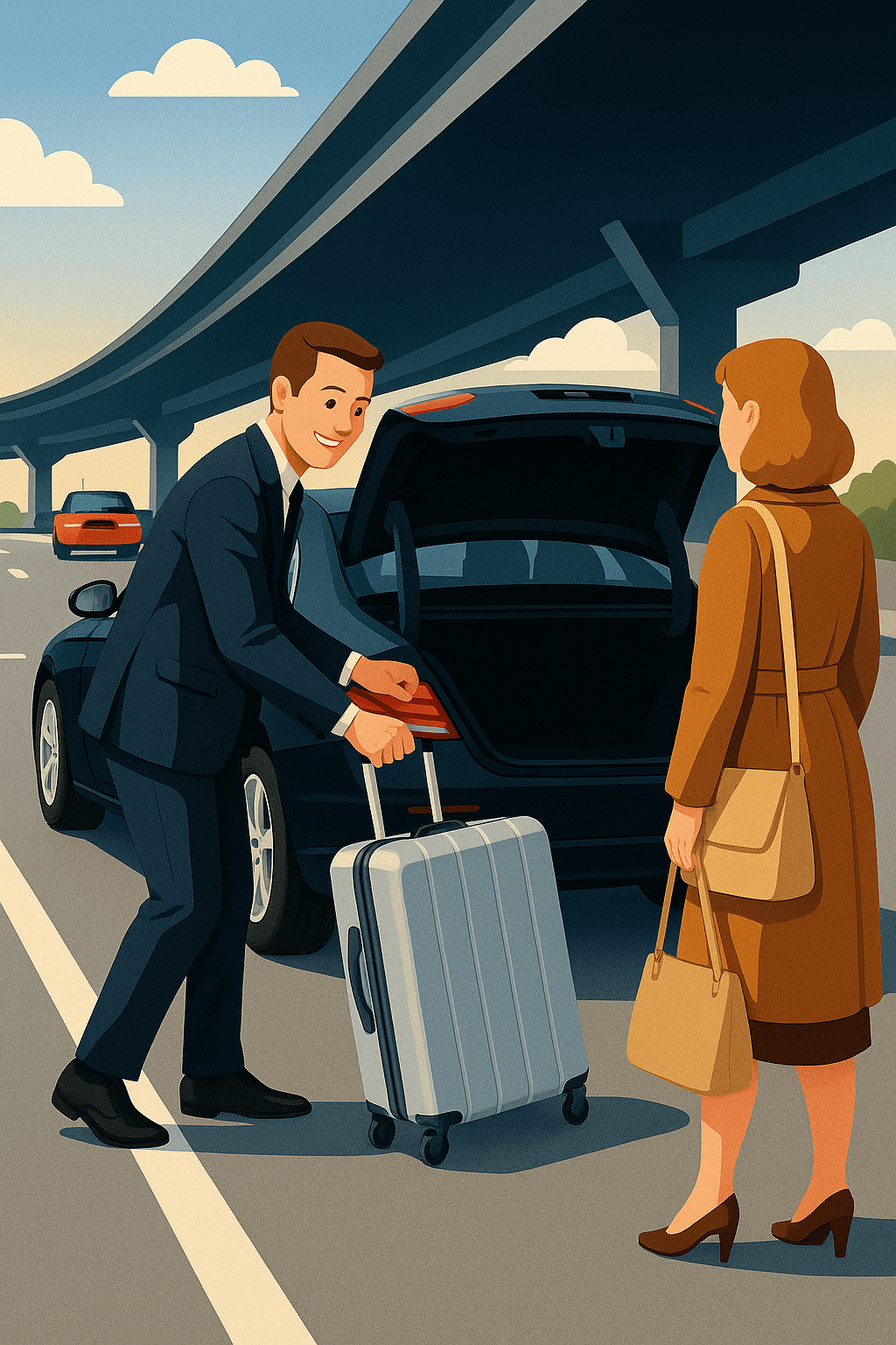 Professional chauffeur assisting passenger at the airport