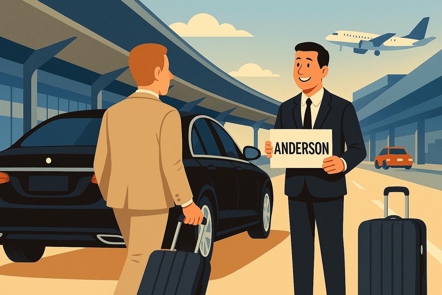 Chauffeur greeting a passenger with a name sign at the airport