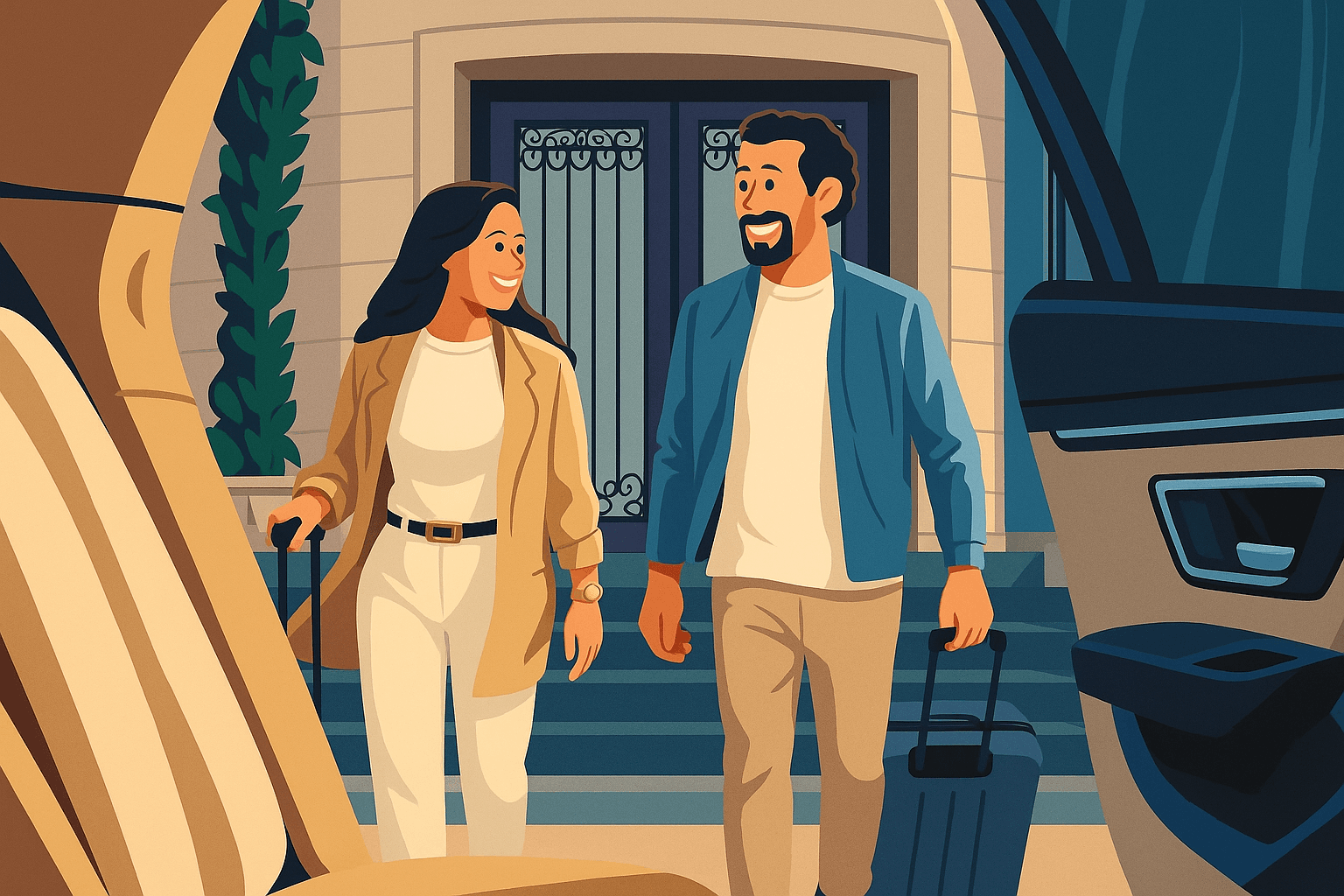 Couple walking towards a luxury vehicle for door-to-door pickup